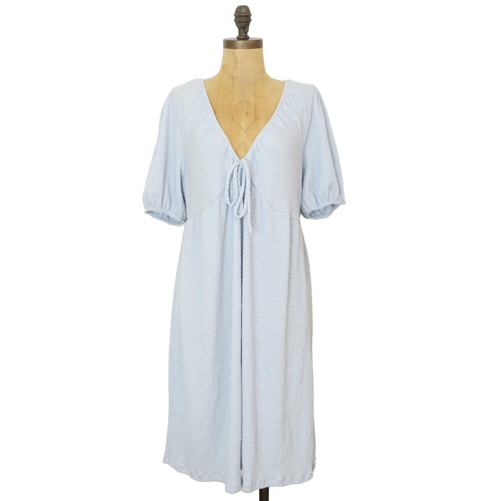 Good Luck Gem V-Neck Bow Puff Sleeve Mini Dress Size XL Light Blue NWT B33